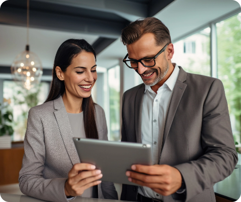 Two professionals, a man and a woman, in business attire discussing something on a tablet in a bright, modern office with large windows and plants, reflecting a collaborative and positive atmosphere.