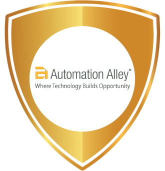 Red ribbon award in a circular rosette shape with the Automation Alley logo at the center, symbolizing recognition for supporting minority suppliers and promoting diversity in business