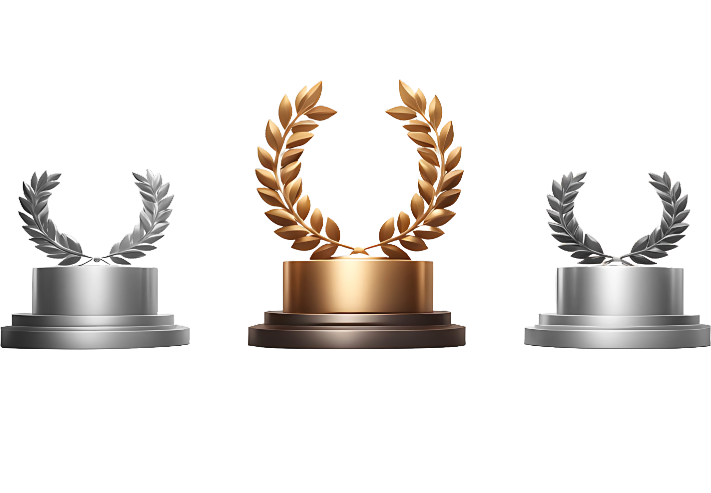 Three trophy designs in a row representing different levels of achievement: a silver trophy with a laurel wreath, a gold trophy indicating the highest achievement, and a bronze trophy, all conveying a sense of competition and recognition.