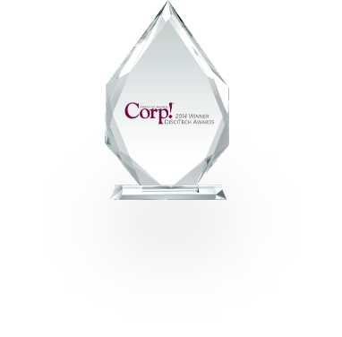 Crystal award with a diamond-like shape on a clear base, engraved with 'Corp! 2016 WINNER' and 'DIGITECH AWARDS' in stylish font, reflecting light for a sparkling appearance, representing elegance and prestige in recognition of the DiSciTech 2014 Award for Technology.