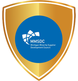 Red ribbon award in a circular rosette shape with the Michigan Minority Supplier Development Council (MMSDC) logo at the center, symbolizing recognition for supporting minority suppliers and promoting diversity in business