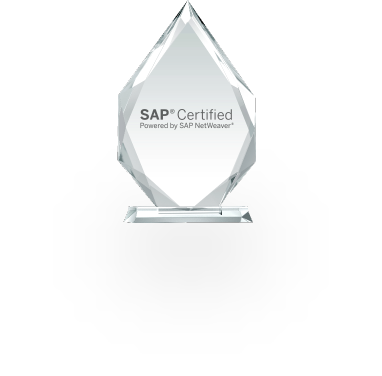 Crystal award shaped like a teardrop on a clear rectangular base, engraved with 'SAP® Certified' and 'Powered by SAP NetWeaver®,' symbolizing recognition for certification in SAP technologies and achievements in enterprise software solutions.