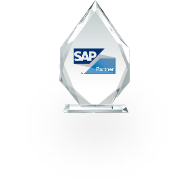 Crystal award shaped like a teardrop on a clear rectangular base, featuring the SAP logo with 'Partner' beneath it, symbolizing recognition for partnership and achievement in the SAP PartnerEdge™ Program.