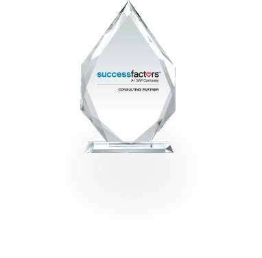 Crystal award shaped like a teardrop on a clear rectangular base, engraved with 'successfactors' in blue, 'An SAP Company,' and 'CONSULTING PARTNER,' symbolizing recognition for partnership and excellence in consulting services related to SuccessFactors.