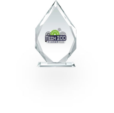 Crystal award shaped like a teardrop on a clear rectangular base, engraved with 'TECH 200' and gears graphic, featuring 'WINNER 2012,' symbolizing recognition for excellence in technology, associated with Lead411’s Tech 200.