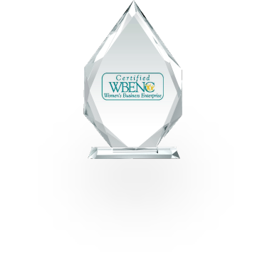 Crystal award shaped like a teardrop on a clear rectangular base, engraved with 'Certified WBENC' and the Women's Business Enterprise National Council logo, symbolizing recognition for WBENC certification and promoting diversity and inclusion in business