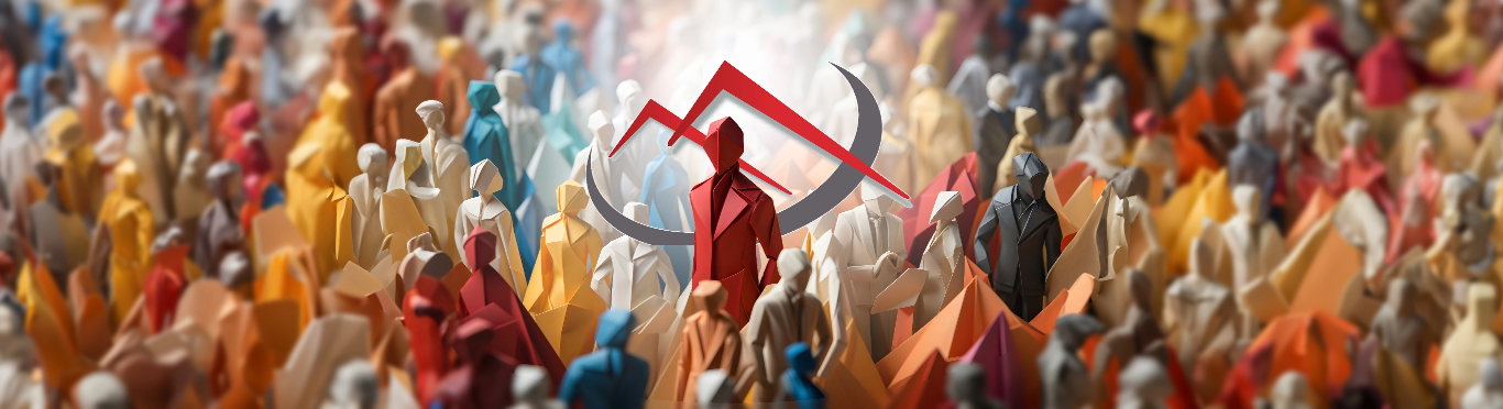 Dynamic scene with a diverse crowd of colorful, stylized figures and a prominent red figure symbolizing leadership, behind which a rising line graph represents growth and success, set against a hopeful, brightly lit background.