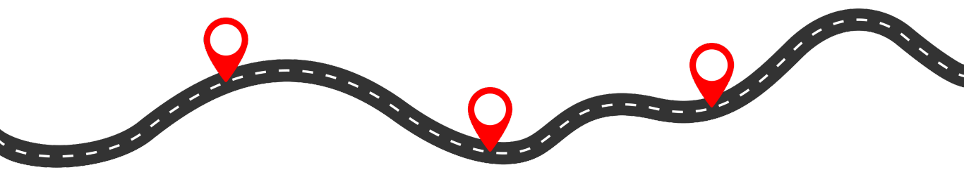 The image depicts a winding, stylized road with dashed white lines running down the center. Along the road, four evenly spaced red location pins with white circular centers mark different milestones or points. The black background enhances the contrast, making the road and pins stand out clearly. The overall design conveys a sense of a journey or process with key steps or goals to be reached along the way.