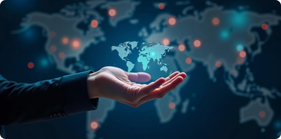 Hand holding a holographic world map against a dark background, with light blue and white digital elements and glowing orange and teal dots, symbolizing global connections and data points, conveying themes of technology, globalization, and connectivity.