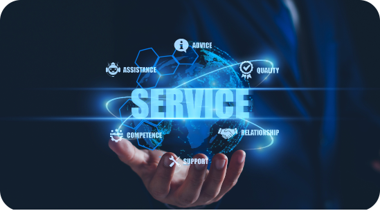 Hand holding a holographic globe surrounded by service-related icons and keywords such as Advice, Assistance, Quality, Competence, Support, and Relationship, in a digital blue and white aesthetic, emphasizing global quality service and professional technology engagement