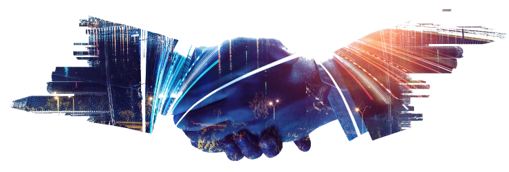 Stylized handshake blending with vibrant abstract cityscapes and dynamic light trails in blue and orange hues, symbolizing the fusion of technology and human collaboration, conveying innovation, progress, and unity in a modern context.