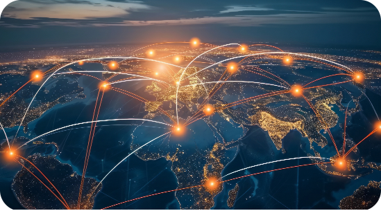 Global view of Earth at night featuring interconnected cities with bright orange nodes and lines in white and red, symbolizing data and communication pathways, highlighting global connectivity and information flow against a dark background.