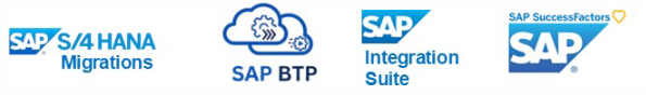Logos representing SAP's diverse services: SAP S/4 HANA Migrations with an emphasis on ERP transition, SAP BTP highlighting cloud integration and development, SAP Integration Suite for connecting applications, and SAP SuccessFactors focusing on human capital management with a heart symbol