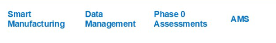 List of service offerings in a clear, modern font: Smart Manufacturing for technology-enhanced production, Data Management for efficient data handling, Phase 0 Assessments for readiness evaluations, and AMS for software application management, emphasizing technology-driven solutions.