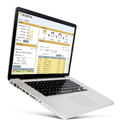 Laptop displaying a budgeting software interface with sections for income, expenses, and budget categories. The screen includes graphical elements like pie charts, representing budget allocation and spending percentages, all within a user-friendly layout on a sleek, modern laptop.