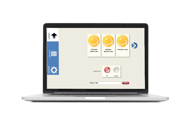 Laptop displaying a software interface with buttons labeled 'PACKAGE OVERLOAD,' 'NATURAL MASTER LOAD,' and 'CONTRACT LOAD,' each with a circular icon. A vertical menu on the left includes 'LOAD' and 'ADMIN' options, with a gear icon for settings. The bottom features buttons for 'PC' and 'Server,' a text input field, and an arrow for navigation. The design is simple and user-friendly