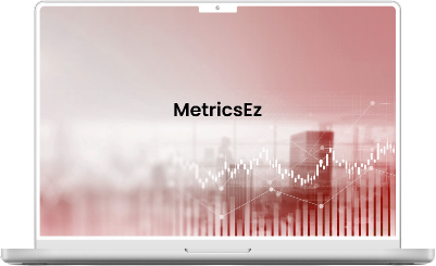 Laptop displaying a software interface with the title 'MetricsEz' centered on the screen. The background features a red gradient with graphical elements like a line graph and bar chart, indicating data analysis and performance metrics. The design is sleek and modern, emphasizing analytics and metrics management.