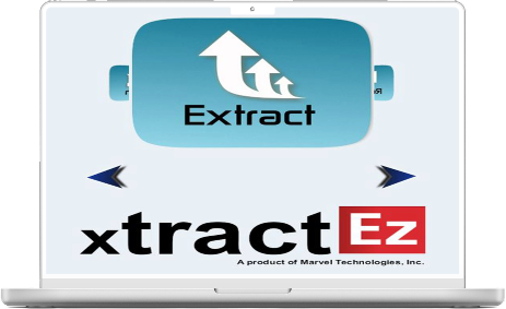Laptop displaying the xtractEz software interface by Marvel Technologies, Inc., with a blue background and an upward arrow graphic, suggesting data extraction or processing. The design features navigation arrows and a clean, user-friendly layout for easy accessibility.