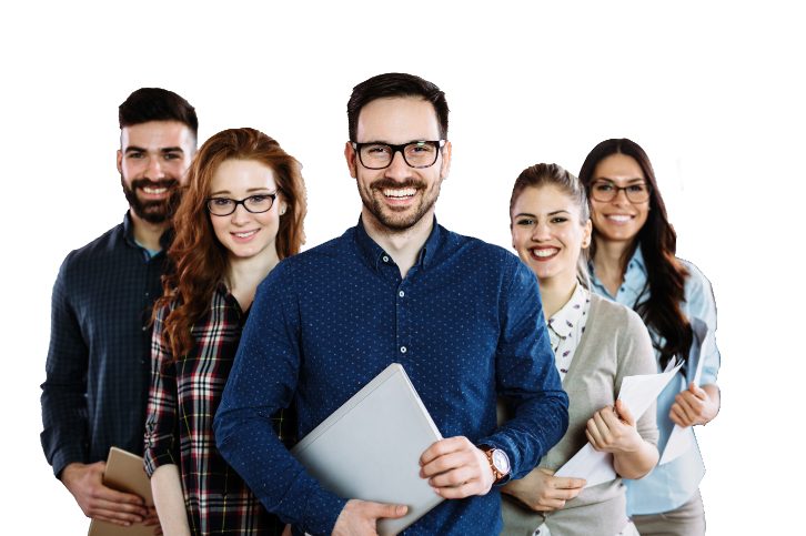 Group of five young professionals smiling in a collaborative team setting, dressed in casual yet professional attire 
