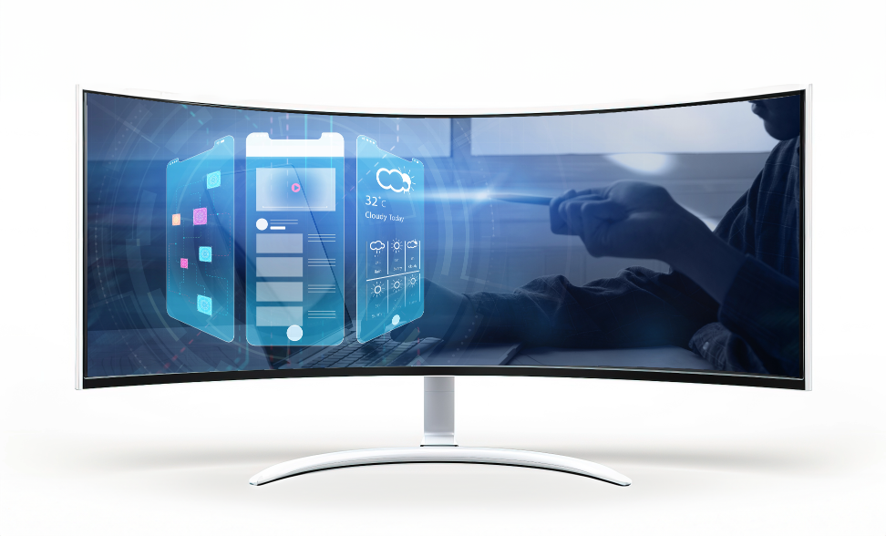 A sleek, curved computer monitor displaying a futuristic interface with holographic mobile app icons and weather information, showing a person's hand holding a stylus, emphasizing technology, digital interaction and application development