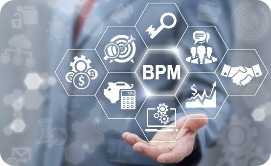 Business professional extending their hand toward a digital interface featuring hexagonal icons representing Business Process Management (BPM), including symbols for processes, goal setting, security, collaboration, partnerships, financial aspects, growth, and analysis, emphasizing the role of BPM in organizational efficiency