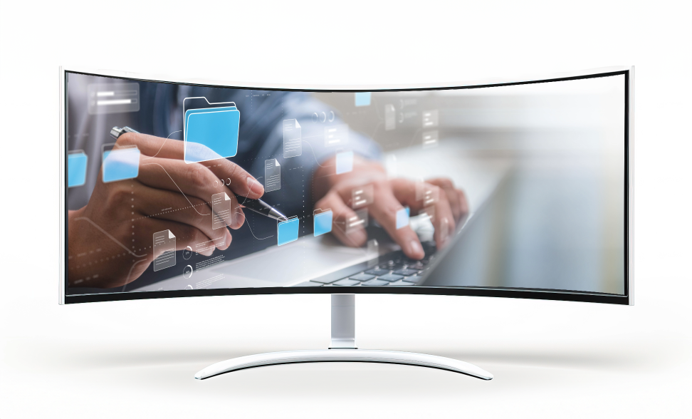 Modern curved computer monitor displaying a digital interface with blue folder icons, as a person's hands interact using a stylus or finger, highlighting advanced technology and productivity in file management and data organization.