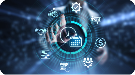 Business professional in the background with a hand reaching towards interconnected gears displaying icons for Business Process Management (BPM), including analysis, goal setting, collaboration, growth, strategic planning, task management, and process mechanics, emphasizing innovation and efficiency in organizational workflows