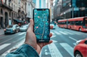 Person holding a smartphone displaying a navigation app with a map and location markers, set against a busy urban street with vehicles and tall buildings, symbolizing urban exploration and tech-driven navigation.