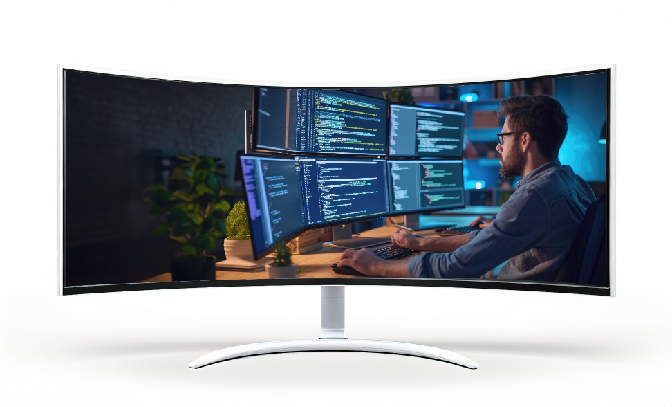 Modern curved computer monitor displaying multiple screens of colorful, syntax-highlighted code in a dimly lit workspace. A person wearing glasses and a casual shirt is seated at the desk, focused on the screens. The background features soft lighting and greenery from potted plants, creating a warm, tech-focused environment that emphasizes productivity and modern software development