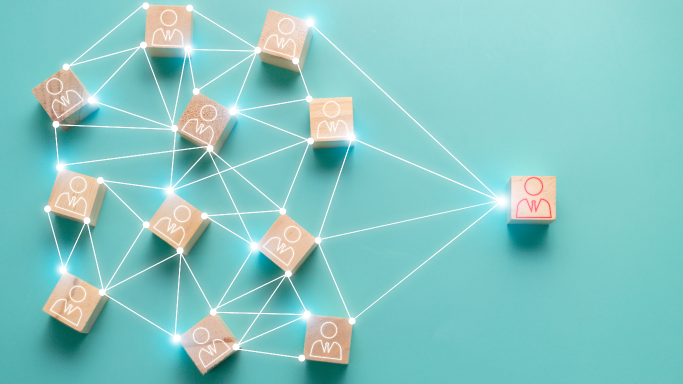 Network of interconnected blocks with person icons on a turquoise background, highlighting a key individual in red, symbolizing social networks, collaboration, and communication pathways