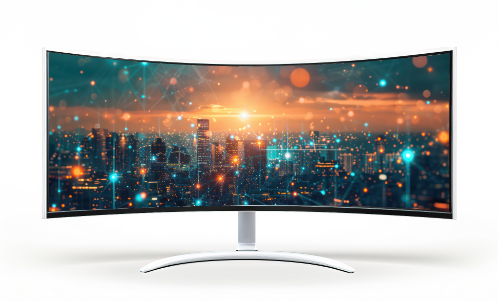 Huge curved screen featuring the developed city over which network lines are shown replicating the technological development