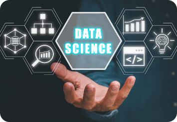 Hand reaching out to interact with digital icons surrounding a central 'DATA SCIENCE' hexagon, including flowcharts, magnifying glass, bar graph, code symbols, and a lightbulb, symbolizing the multifaceted nature of data science.