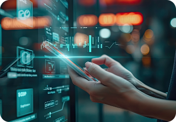 Close-up of hands holding a smartphone with a glowing interface, surrounded by digital elements like graphs and technology icons, set against a blurred urban background with neon lights, symbolizing data analysis and digital interaction.