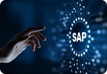 Hand reaching toward a circular digital interface with the bold white 'SAP' logo surrounded by interconnected lines and nodes, symbolizing technology, connectivity, and innovation.