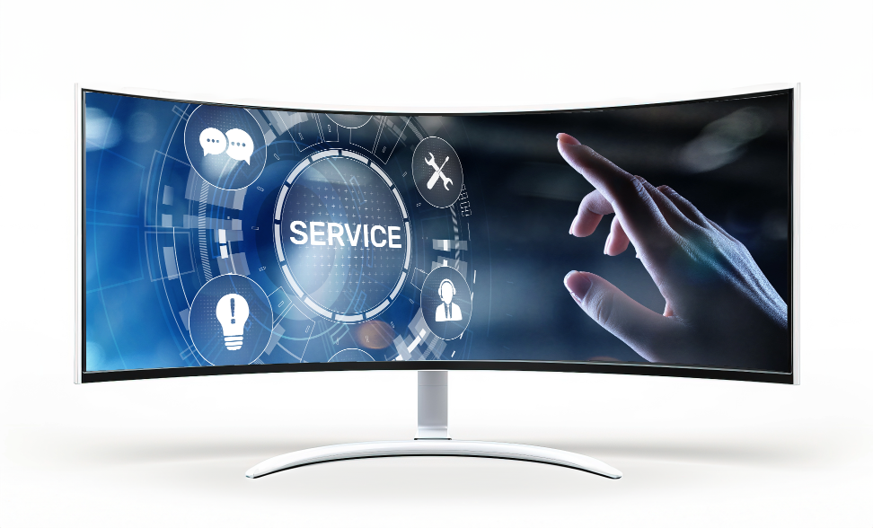 Sleek curved monitor displaying the word 'SERVICE' with icons for ideas, maintenance, communication, and customer support, symbolizing digital service management and user engagement.
