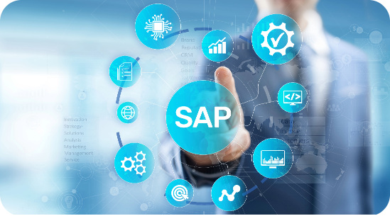 Professional engaging with a digital SAP interface, showcasing icons for technology, analytics, quality assurance, software development, global connectivity, and data analysis, set against a modern office background, emphasizing digital transformation.