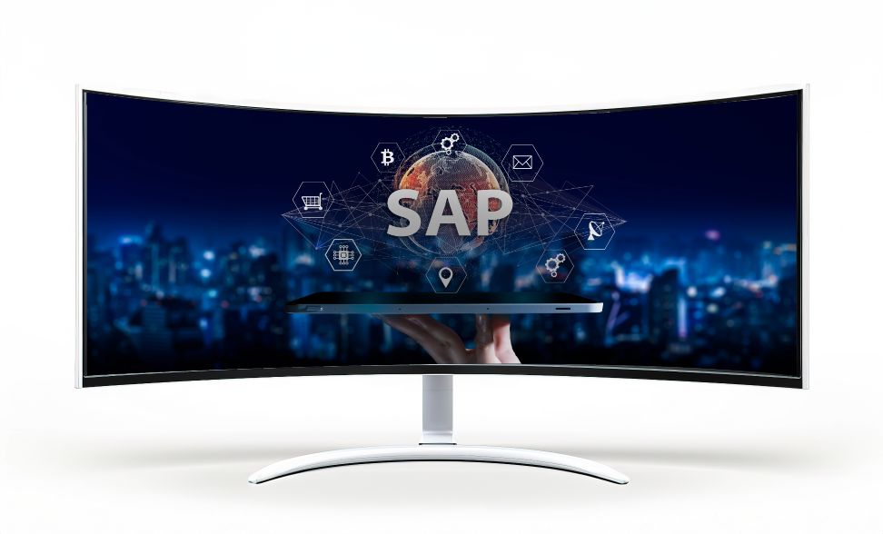 Curved laptop showcing SAP text predominantly, which has several icons around the text