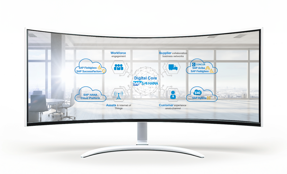 Modern curved monitor showcasing SAP S/4HANA digital presentation with central focus on 'Digital Core SAP S/4HANA', surrounded by icons representing workforce engagement, supplier collaboration, customer experience, and IoT integration, set against a professional office background.