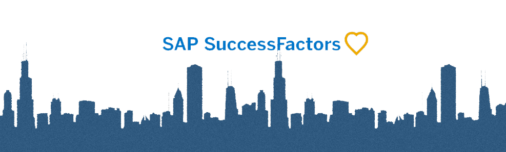 Modern skyline silhouette with 'SAP SuccessFactors' in bold blue text and a yellow heart icon, against a black background, symbolizing a human-centered approach in the professional business landscape.
